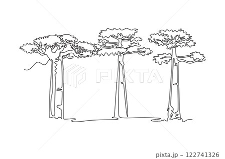 Single continuous line drawing beauty and exotic baobab tree logo. Decorative giant adansonia digitata for greeting post card. Tour and travel. Dynamic one line draw graphic design vector illustration Single continuous line drawing beauty and exotic baobab tree logo. Decorative giant adansonia digitata for greeting post card. Tour and travel. Dynamic one line draw graphic design vector illustration 122741326