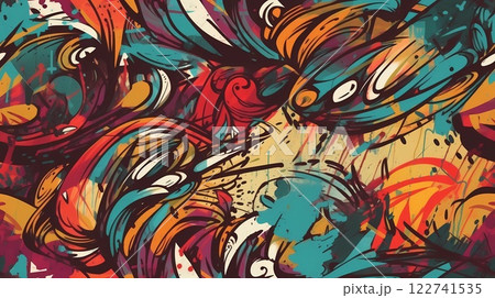 seamless graffiti-inspired abstract pattern with vibrant red, orange, and teal swirls, featuring bold strokes and dynamic splashes of color. Perfect for urban fashion, street art, and creative project 122741535