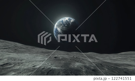 Stunning view of earth rising over the moon's surface with breathtaking cosmic scene and dramatic lighting in outer space exploration Stunning view of earth rising over the moon's surface with breathtaking cosmic scene and dramatic lighting in outer space exploration 122741551