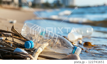 汚染された海岸のプラスチックゴミのマクロ撮影 122741651