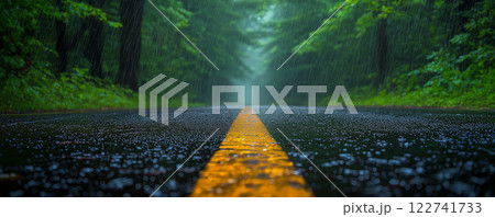 雨が降る森の中の道 122741733