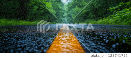 雨が降る森の中の道 122741735