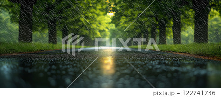 雨が降る森の中の道 雨が降る森の中の道 122741736