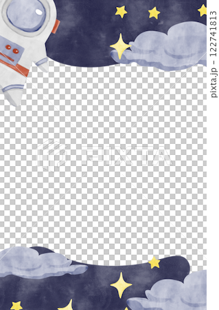 Watercolor Illustration Vertical Frame Space Theme with Astronaut in Spacesuit, Clouds, Sky and Stars, Template for Use in Postcard Printing, Web and Textile Design 122741813