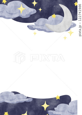 Watercolor Illustration Vertical Frame Space Theme with New Moon, Clouds, Sky and Stars, Template for Use in Postcard Printing, Web and Textile Design 122741986