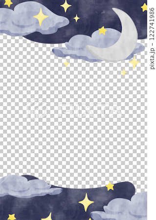 Watercolor Illustration Vertical Frame Space Theme with New Moon, Clouds, Sky and Stars, Template for Use in Postcard Printing, Web and Textile Design 122741986