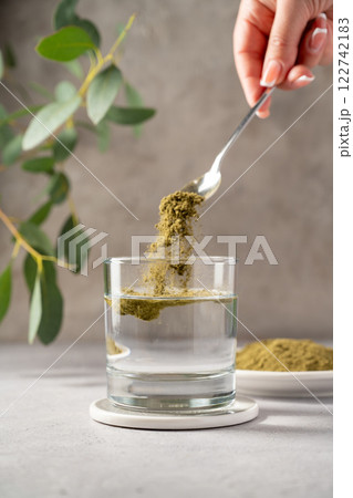 Moringa Matcha Wheatgrass Green Powder drink. Food supplement, healthy food lifesyle 122742183