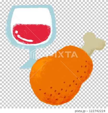 Crayon-touch illustration: Red wine and meat on the bone 122742224