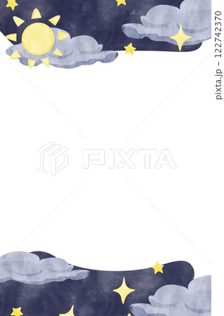 Watercolor Illustration Vertical Frame Space Theme with Sun, Clouds, Sky and Stars, Template for Use in Postcard Printing, Web and Textile Design 122742370