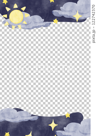 Watercolor Illustration Vertical Frame Space Theme with Sun, Clouds, Sky and Stars, Template for Use in Postcard Printing, Web and Textile Design 122742370