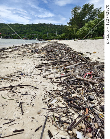 A beach heavily littered with wood and plastic 122742970