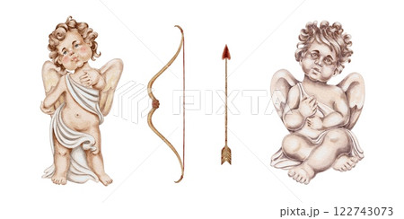 Cupid, angel stands and sit, bow and arrow on white. For Wedding Cards, Valentine's Day, Birthday, Holidays, Invitations.  122743073