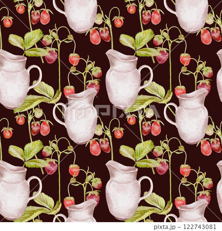 Farm ripe wild strawberries brach and white jug seamless pattern on black. Watercolor illustration in kids style for textile, decoration dishes, labels for juice, jam, children parties, birthday. 122743081