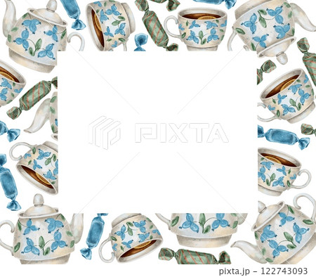 White Teapot and cup of tea with blue pattern and colorful candies frame on white. Watercolor illustration for packaging, kitchen textiles, napkins, labels. White Teapot and cup of tea with blue pattern and colorful candies frame on white. Watercolor illustration for packaging, kitchen textiles, napkins, labels. 122743093
