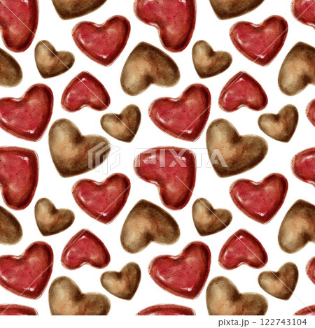 Red and chocolates candies hearts seamless pattern on white. Watercolor illustration for packaging, cards, invitations, holidays Spring, birthday, Valentine's Day, wedding or Mother's Day. Red and chocolates candies hearts seamless pattern on white. Watercolor illustration for packaging, cards, invitations, holidays Spring, birthday, Valentine's Day, wedding or Mother's Day. 122743104