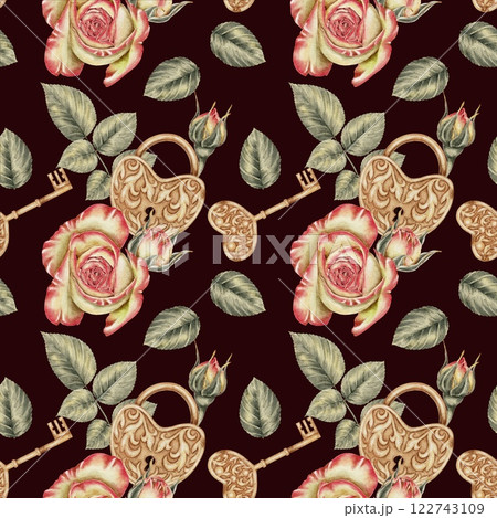 Yellow with pink Roses and Gold retro lock and...のイラスト素材 [122743109 ...