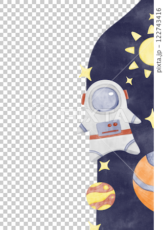 Watercolor Illustration Vertical Frame Space Theme with Astronaut, Planets, Stars, Comet, Template for Use in Postcard Printing, Web and Textile Design 122743416