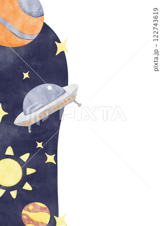 Watercolor Illustration Vertical Frame Space Theme with UFO, Planets, Stars, Comet, Template for Use in Postcard Printing, Web and Textile Design Watercolor Illustration Vertical Frame Space Theme with UFO, Planets, Stars, Comet, Template for Use in Postcard Printing, Web and Textile Design 122743619