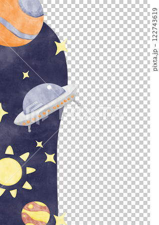 Watercolor Illustration Vertical Frame Space Theme with UFO, Planets, Stars, Comet, Template for Use in Postcard Printing, Web and Textile Design Watercolor Illustration Vertical Frame Space Theme with UFO, Planets, Stars, Comet, Template for Use in Postcard Printing, Web and Textile Design 122743619