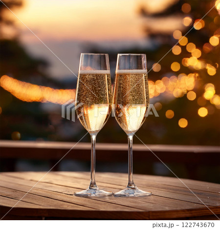 テーブルの上の二つのシャンパングラス	 122743670