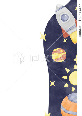 Watercolor Illustration Vertical Frame Space Theme with Space Rocket, Sun, Planets, Stars, Comet, Template for Use in Postcard Printing, Web and Textile Design 122743827