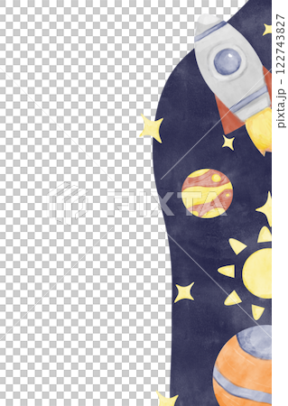 Watercolor Illustration Vertical Frame Space Theme with Space Rocket, Sun, Planets, Stars, Comet, Template for Use in Postcard Printing, Web and Textile Design 122743827