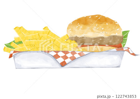 Illustration Watercolor White Tray with Napkin, Burger with Ketchup, French Fries, Clipart for Print, Web and Textile Illustration Watercolor White Tray with Napkin, Burger with Ketchup, French Fries, Clipart for Print, Web and Textile 122743853