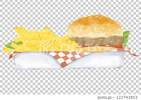 Illustration Watercolor White Tray with Napkin, Burger with Ketchup, French Fries, Clipart for Print, Web and Textile Illustration Watercolor White Tray with Napkin, Burger with Ketchup, French Fries, Clipart for Print, Web and Textile 122743853