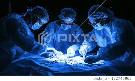 Doctor team performing operating on patient in operating room of surgical department at hospital. 122743963