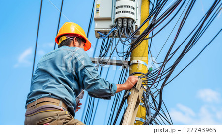 Technician work to check and repair fiber optic cable line of internet splitter box on electric pole 122743965