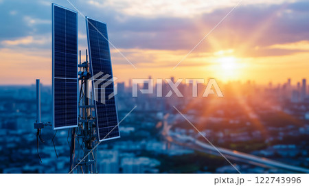 Solar cell antenna network on city, Future technology renewable energy. Solar cell antenna network on city, Future technology renewable energy. 122743996