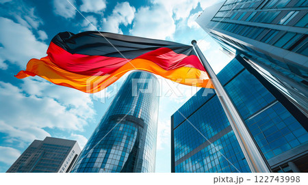Germany national flag and government building with skyscrapers. 122743998