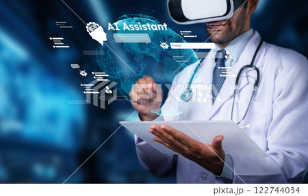 Medical Professional Using Virtual Reality Technology to Interact with AI Assistant and Enhance Healthcare Experience in Modern Clinic Environment. PHMT 122744034