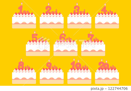 アニバーサリーお祝いケーキのベクターイラストセット 周年 記念日 誕生日 かわいい ショートケーキ 122744706