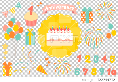 Anniversary celebration vector illustration set cake balloons gift cracker birthday anniversary 122744712