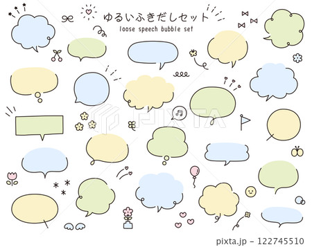手書き風のゆるい吹き出しのベクターイラストセット。ふきだし、フレーム、おしゃれ、花、リボン 122745510