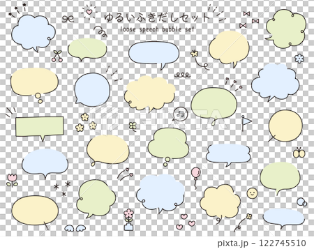 手書き風のゆるい吹き出しのベクターイラストセット。ふきだし、フレーム、おしゃれ、花、リボン 122745510