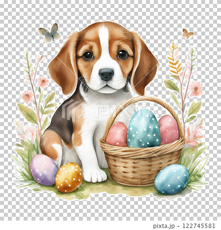 復活節彩蛋和小獵犬小狗的水彩插圖 2 / 傳單和海報材料 122745581