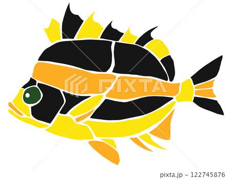 海水魚カゴカキダイのカラフルタイル画風切り絵イラスト目地無し 122745876