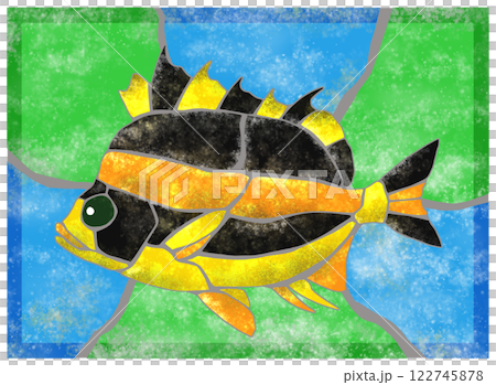 Beautiful tile cutout illustration of tropical fish, caged fish, with background 122745878