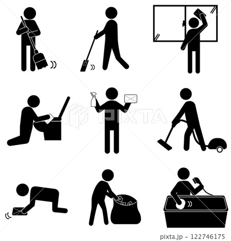 清掃や家事を行う人物のピクトグラムセット 清掃や家事を行う人物のピクトグラムセット 122746175