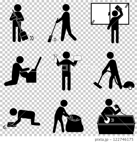 清掃や家事を行う人物のピクトグラムセット 清掃や家事を行う人物のピクトグラムセット 122746175