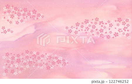 さくら色の和紙に桜の花が舞う、彩り流れる雅な背景 さくら色の和紙に桜の花が舞う、彩り流れる雅な背景 122746252