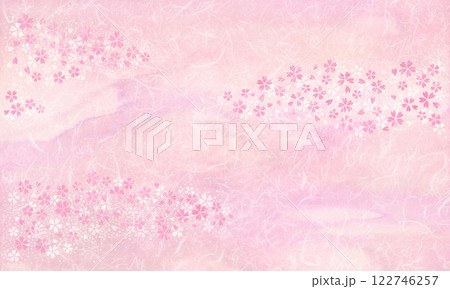 さくら色の和紙に桜の花が舞う、彩り流れる雅な背景 さくら色の和紙に桜の花が舞う、彩り流れる雅な背景 122746257