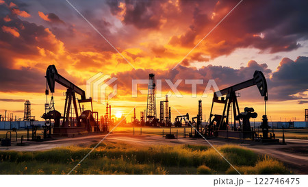 An oil field at sunset, with pumpjacks and drilling rigs silhouetted against a dramatic, colorful sky. The scene is illuminated by the warm hues of the setting sun. 122746475