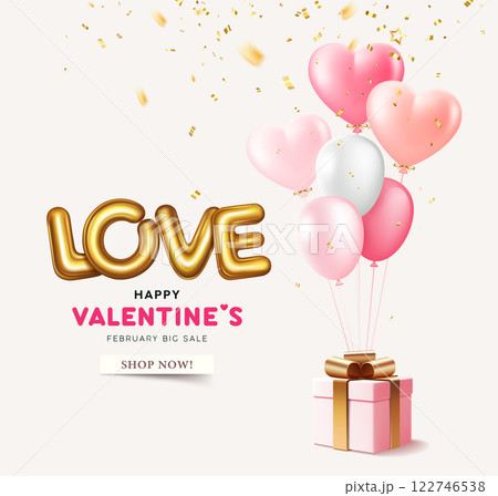 Valentines day sale, balloon heart gift box and love lettering gold shine convex material poster design Valentines day sale, balloon heart gift box and love lettering gold shine convex material poster design 122746538
