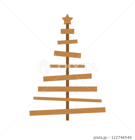Handmade Christmas Tree. Christmas tree made of wooden planks. Zero waste holiday ornaments. Ecological seasonal decoration. Vector illustration in flat cartoon style 122746540