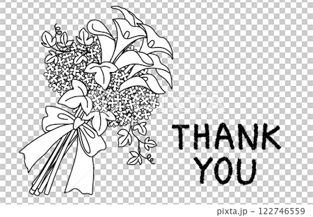 Illustration of a bouquet of calla lilies and baby's breath, monochrome thank you card 122746559