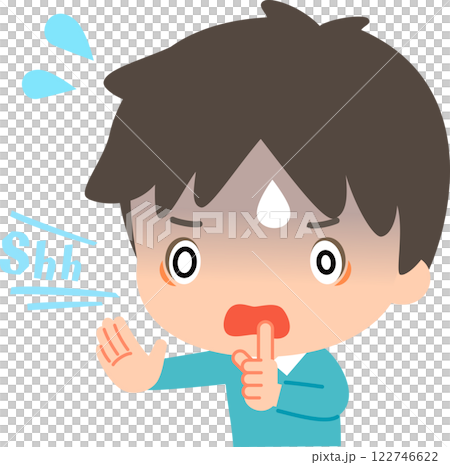 A panicked man holds up his index finger to his mouth, telling people to shut up 122746622