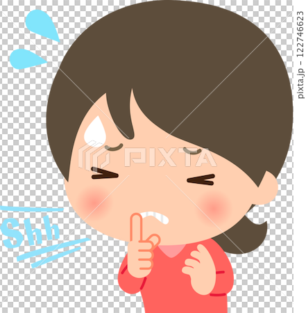 A woman in a panic holds up her index finger to her mouth, telling people to shut up 122746623